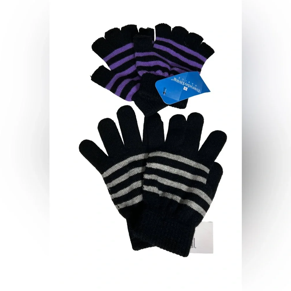 NWT 2 Pair Black, Gray and Purple Acrylic Striped‎ Gloves
